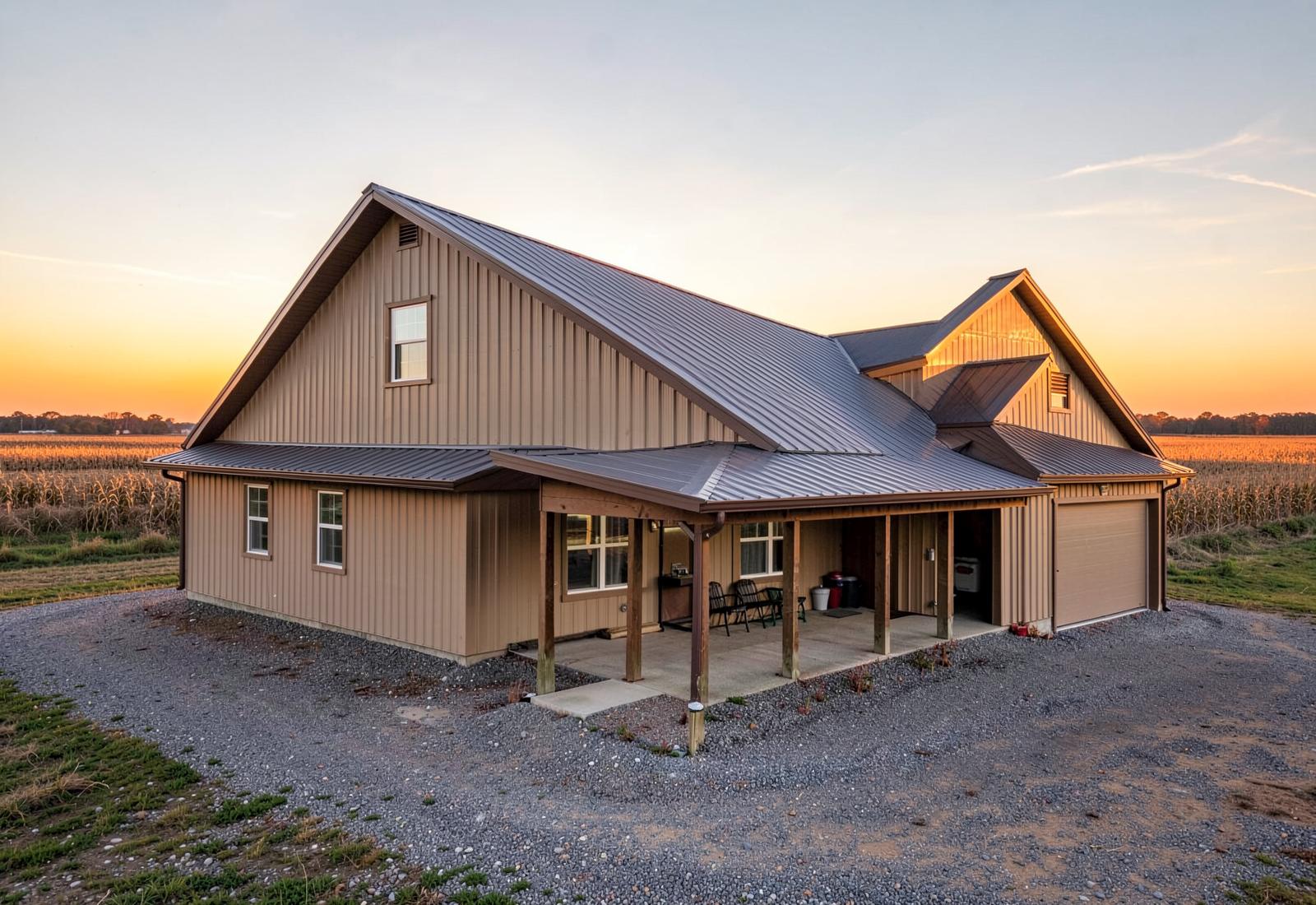 Tan barndominium with attached shop wing at sunset