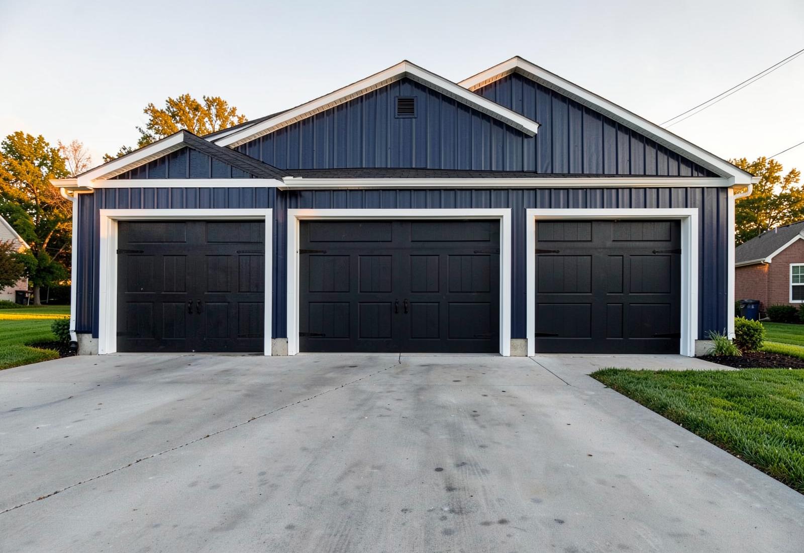 Detached navy three-car garage with white trim representing garage construction in Kansas City