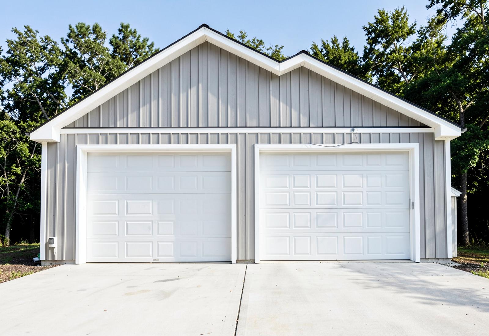 Tall two-bay garage with light gray siding and oversized doors