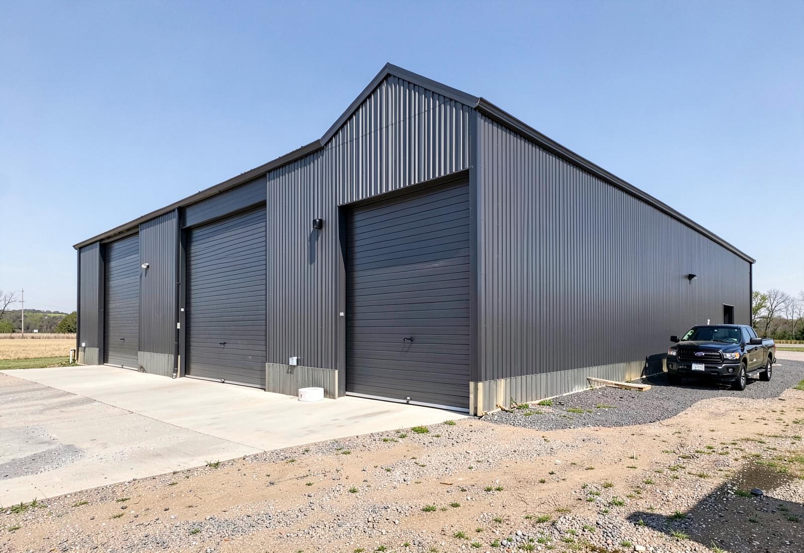 Large steel workshop building with tall roll-up doors representing workshop construction in Missouri