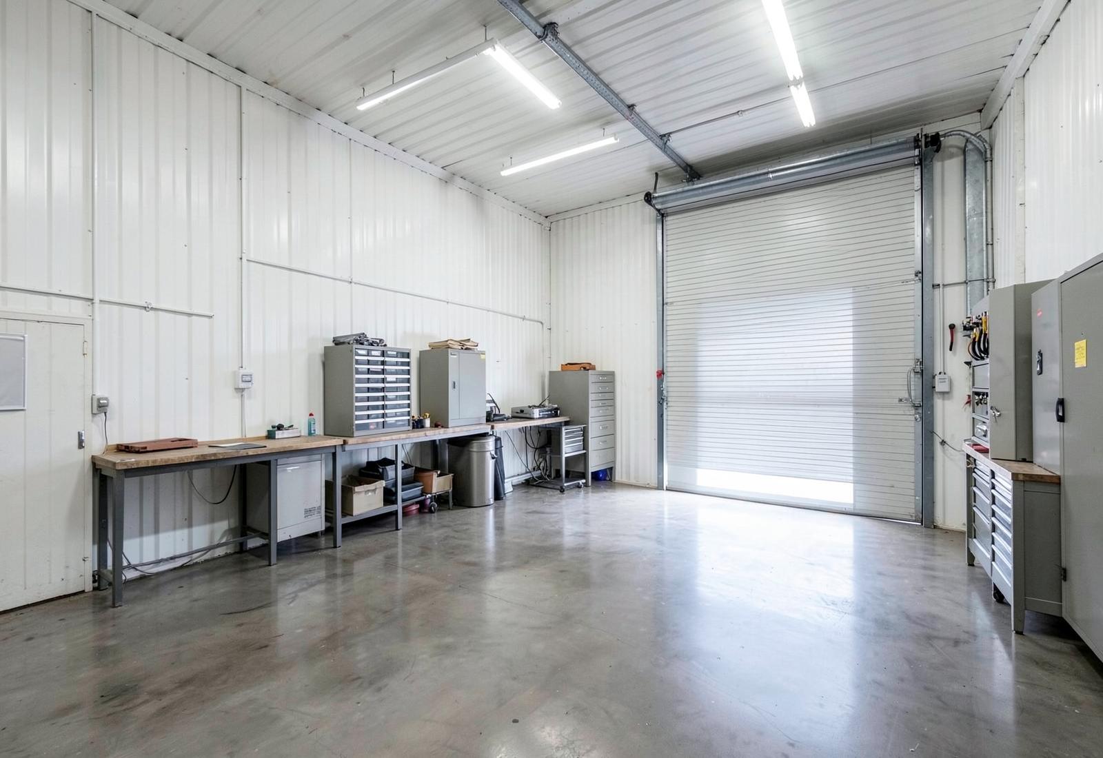 Clean insulated workshop interior with workbenches and polished concrete floor