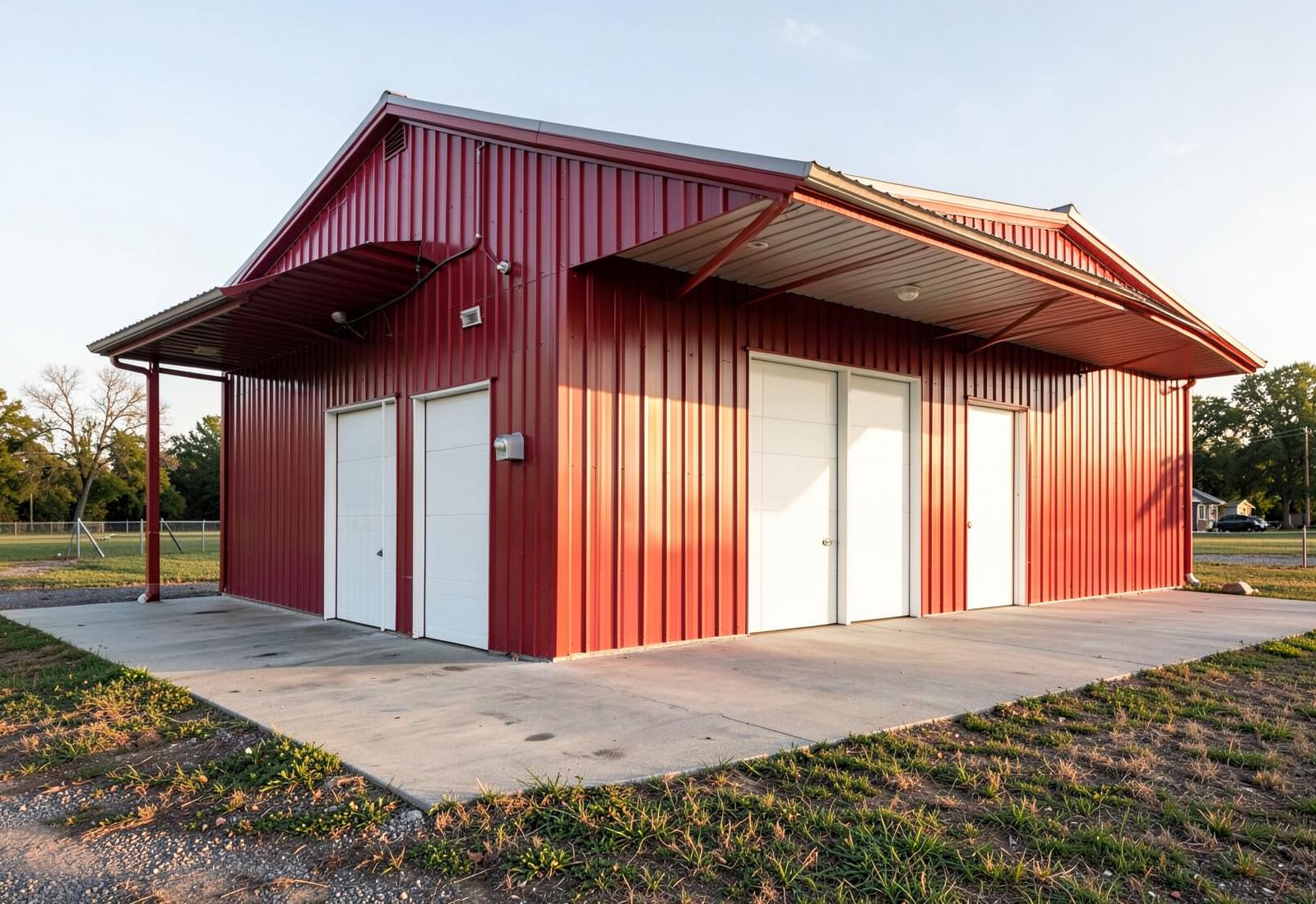 Red and white steel workshop building with lean-to overhang